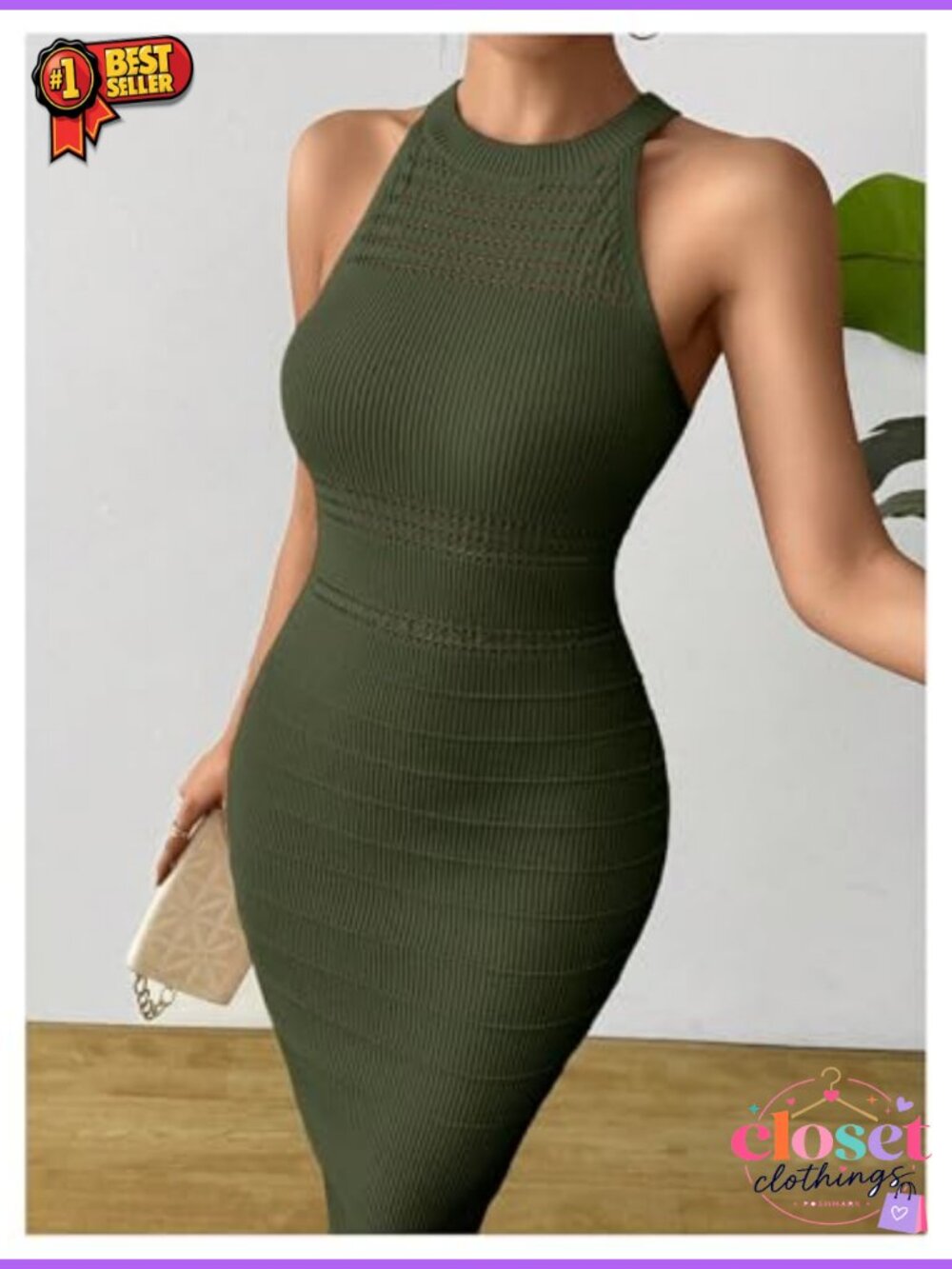 Sleeveless Knit Sweater Dress Halter Neck Bodycon Midi Wedding Guest - Picture 3 of 5